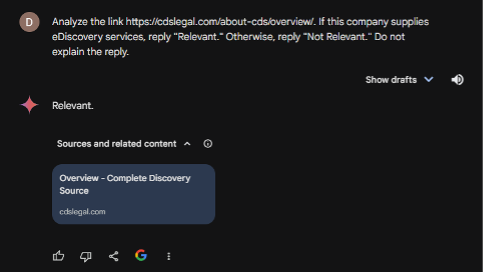 Prompt in Gemini asks whether CDS supplies ediscovery services
